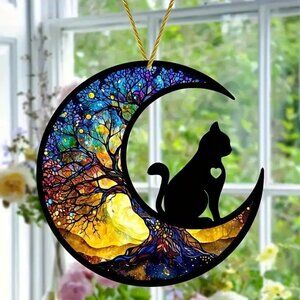 Black Cat Suncatcher Cresent Moon Tree Life Hanging Decor Colorful In/Outdoor